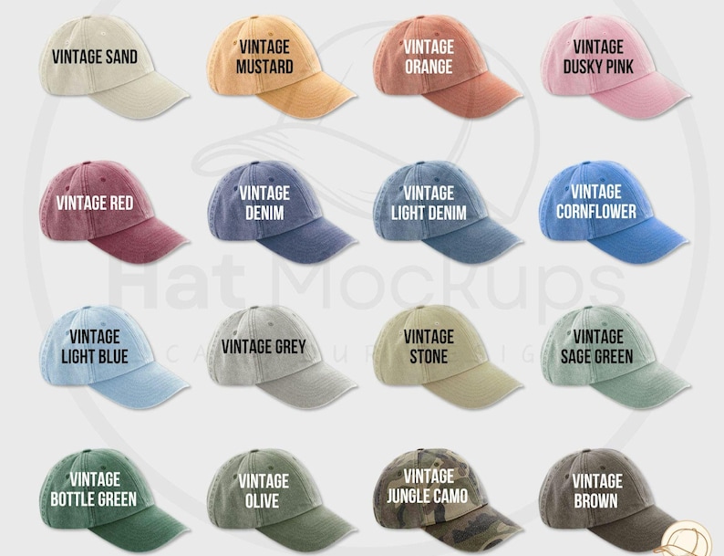 May include: A collection of vintage-style baseball caps in various colors, including sand, mustard, orange, dusky pink, red, denim, light denim, cornflower, light blue, grey, stone, sage green, bottle green, olive, jungle camo, and brown. Each cap features the word "VINTAGE" on the front.