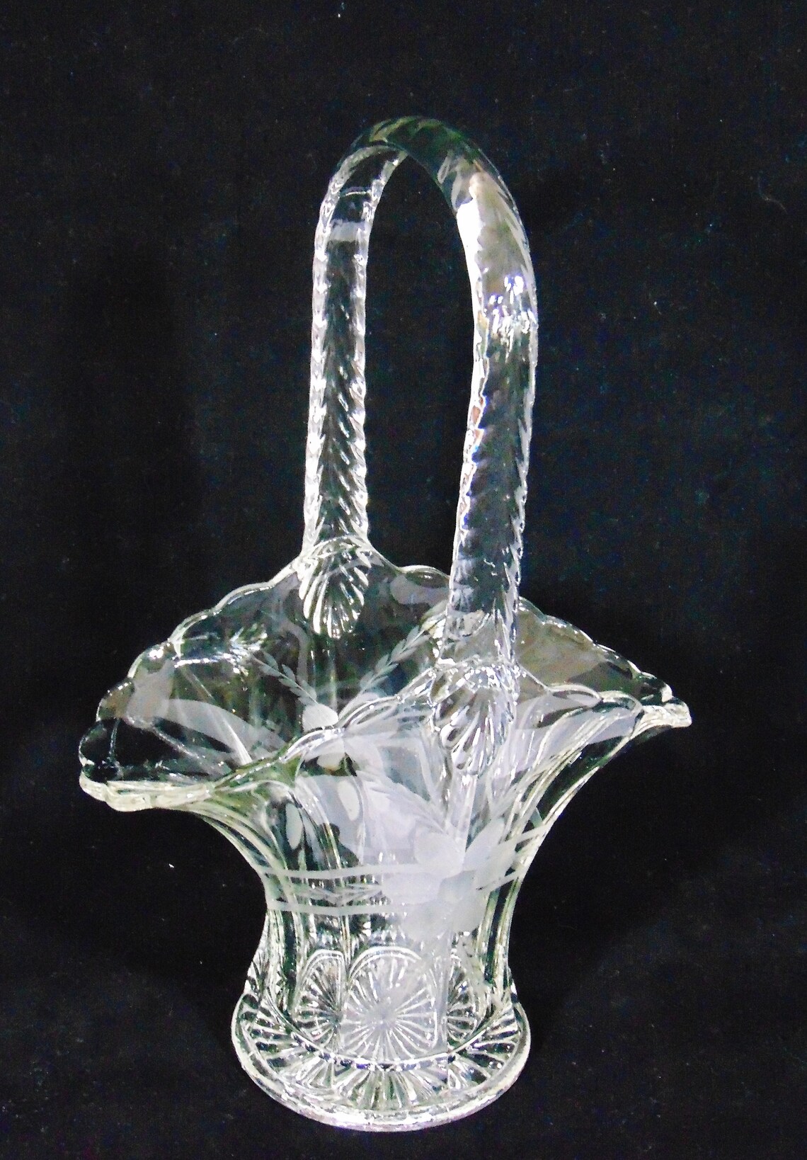 Vintage Cut Crystal Etched Glass Basket With Handle Duncan & Miller