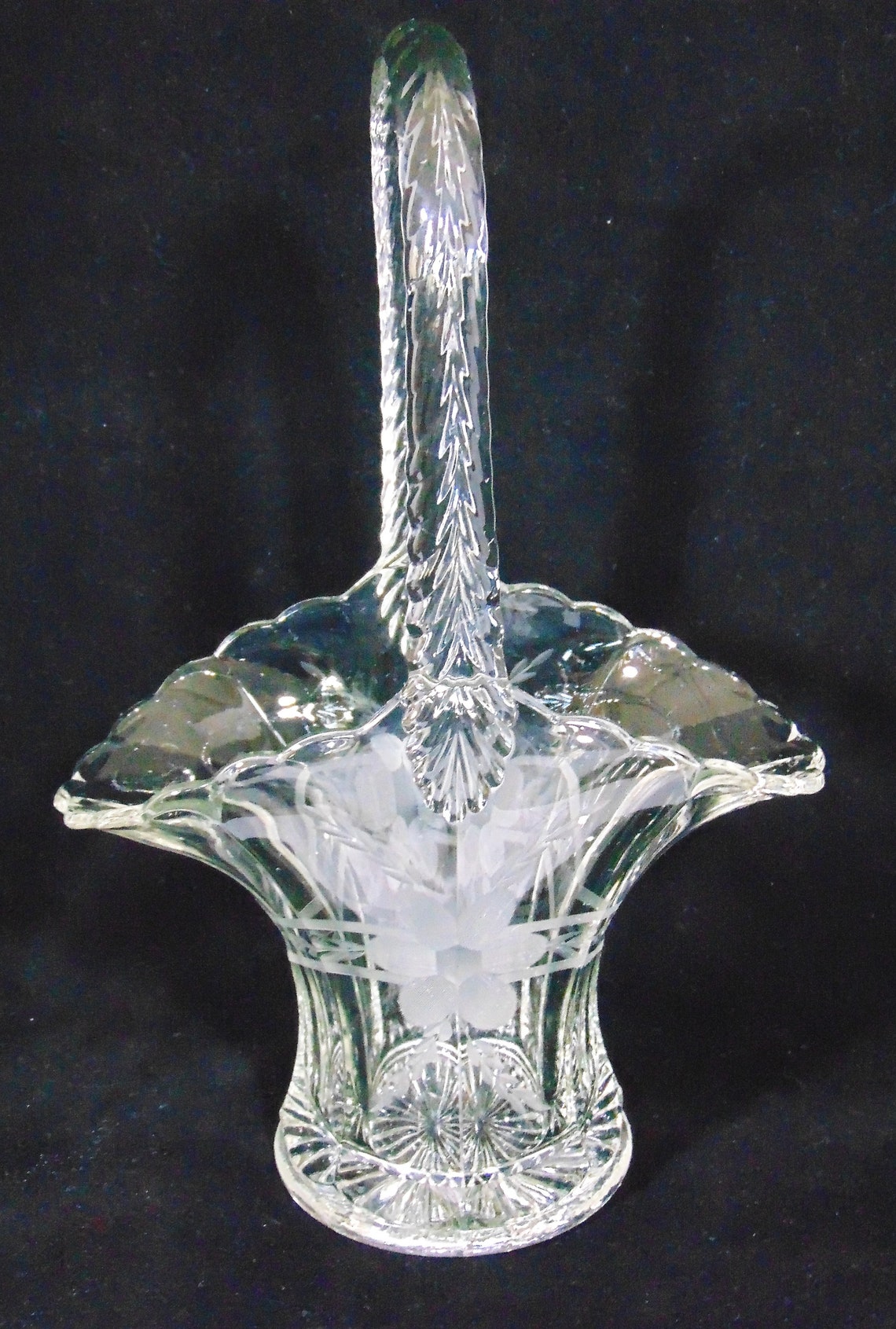 Vintage Cut Crystal Etched Glass Basket With Handle Duncan & Miller