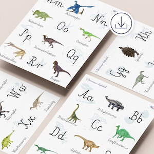 Dinosaurier Alphabet Set - Ausgeschnittene Karten mit Buchstaben und Dinosaurierillustrationen. Vielseitige Karten für Memory-Spiele und Lernspiele.