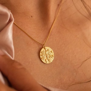 14K Gold Goddess Pendant Necklace, Gold Medallion Necklace for Women, Gold Coin Necklace, Gold Disc Necklace, Long Gold Layer Necklace EB3