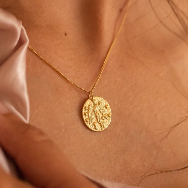 Collier pendentif déesse en or 14 carats, collier médaillon en or pour femme, collier pièce d'or, collier disque en or, collier long couche d'or EB3