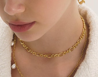Thick 18K Gold Link Chain Necklace Set, Minimalist Choker Necklace, Gold Layered Necklace, Paper Clip Thick Chain Pendant Chunky Cable Chain