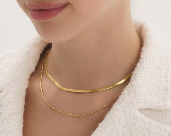 Dainty 18K Gold Chain Choker Necklace for Women, Minimalist Gold Chain Necklace, Beaded Choker, Simple Boho Choker, Gold Link Chain