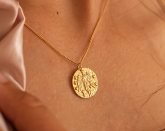 14K Gold Goddess Pendant Necklace, Gold Medallion Necklace for Women, Gold Coin Necklace, Gold Disc Necklace, Long Gold Layer Necklace EB3