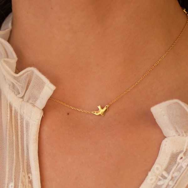 Dainty Gold 18K Bird Necklace Choker, Gold Coin Minimal Boho Beaded Choker, Gold Layered Necklace for Women, Gold Cable Chain Necklace