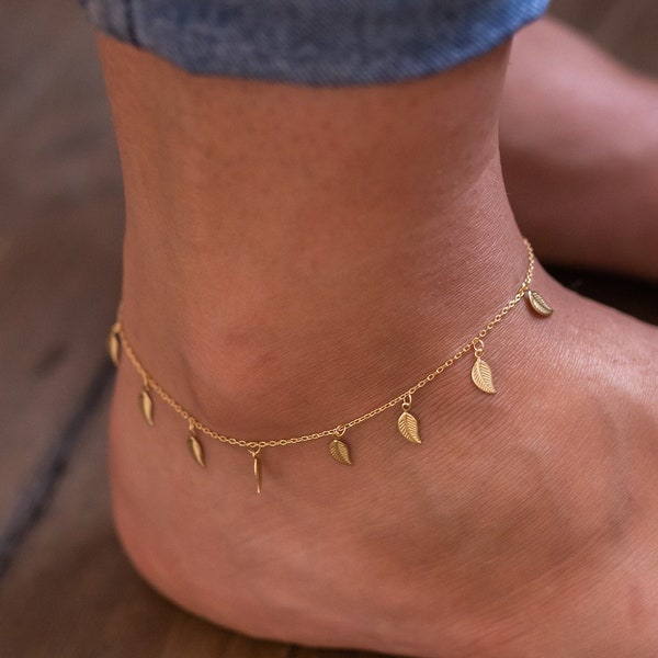 Delicate Gold 14K Leaf Anklet, Gold Coin Anklet, Foot Bracelet, Boho Beaded Anklet, Gold Layered Anklet for Women, Gold Cable Chain EB38