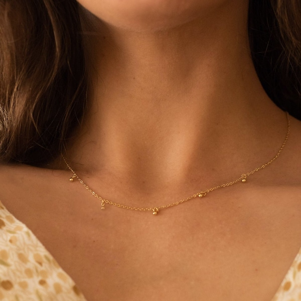 14k Gold Filled Perlen Halskette, Gold Choker Halskette, Gold Satelliten Kette, Tau Tropfen Halskette, Minimalist Halskette, Gold Perlen Kette