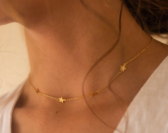 Dainty Gold 18K Star Choker, Gold Star Necklace, Gold Disc Choker, Minimal Boho Beaded Choker, Gold Layered Necklace for Women, EB82