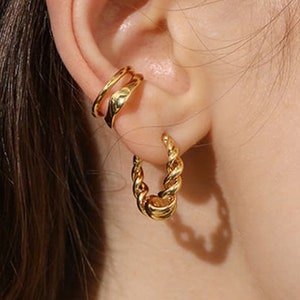 Gold Twisted Hoops Chunky Thick Gold Hoop Earring Gold Dome Hoop Spiral Hoop Earring On Trend Hoops Vintage Geometric Medium Hoop image 2