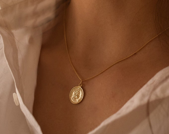 Chunky 18K Gold Lucky Penny Coin Medallion Necklace, Gold Link Chain Layered Long Gold Necklace for Women & Men, Disc Pendant Necklace, EB70