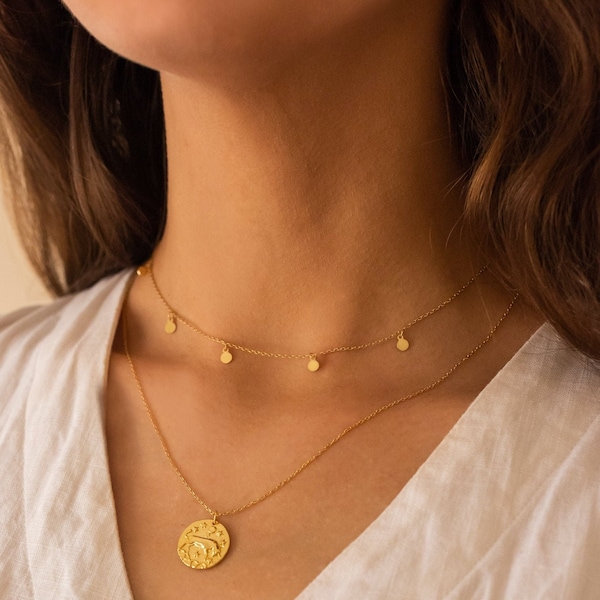 Gold Necklace for Women - Dainty Gold Necklace - Gold Layer Necklace - Gold Disc Necklace - Gold Coin Boho Choker - Minimal Bead Necklace