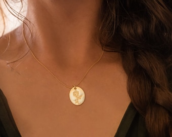 Dainty Gold Rose Necklace, Gold Chain Necklace, Gold Coin Necklace, Gold Floral Necklace, Pressed Flower Pendant, Pretty Necklace for Women