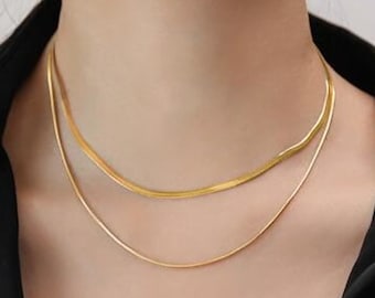 14K Gold Herringbone Necklace - Short Snake Chain Necklace - Flat Blade Chain - Gold Double Chain Choker - Herringbone Clavicle Necklace