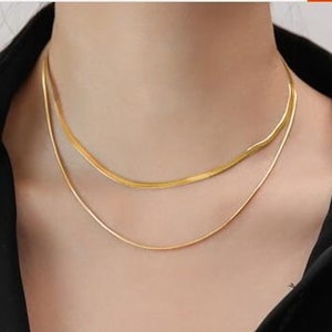 14K Gold Herringbone Necklace - Short Snake Chain Necklace - Flat Blade Chain - Gold Double Chain Choker - Herringbone Clavicle Necklace