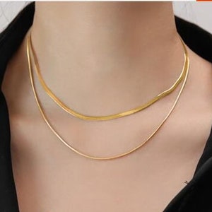 14K Gold Herringbone Necklace Short Snake Chain Necklace Flat Blade Chain Gold Double Chain Choker Herringbone Clavicle Necklace image 1