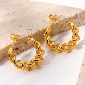 Gold Twisted Hoops Chunky Thick Gold Hoop Earring Gold Dome Hoop Spiral Hoop Earring On Trend Hoops Vintage Geometric Medium Hoop image 1