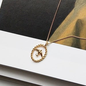 Dainty Gold 18K Twisted Circle Bird Necklace, Gold Coin Minimal Boho Beaded, Gold Layered Necklace for Women, Gold Cable Chain Necklace EB53 image 2