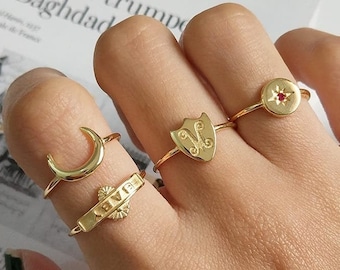 14K Dainty Gold Moon Star Crown Ring, Double Stacking Band Rings, Thin Gold Rings, Band Princess Minimal Stacking Ring, Geometric