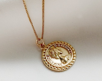 Chunky 18K Gold Lucky Penny Coin Medallion Necklace, Gold Link Chain Layered Long Gold Necklace for Women & Men, Disc Pendant Necklace