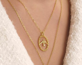 Dainty Gold 18K Twisted Circle Bird Necklace, Gold Coin Minimal Boho Beaded, Gold Layered Necklace for Women, Gold Cable Chain Necklace EB53