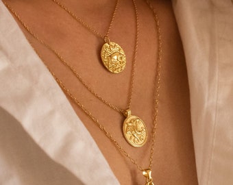 Bijoux en pièces de monnaie en or 14 carats, médaillon en or grec antique, collier en couches pour femmes, pendentif long, collier à disque circulaire, chaîne à maillons
