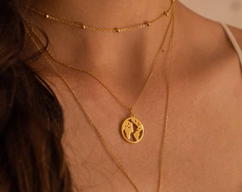 Chunky 18K Gold Globe Earth Necklace, World Map Charm Necklace, Gold Coin Compass Map Necklace, Travel Jewelry Necklace for Women Gift