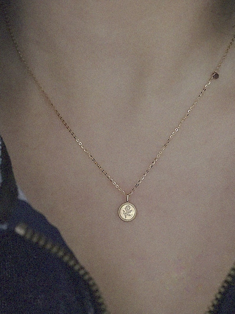 Dainty Gold Rose Flower Necklace Coin Rose Flower Necklace Minimalist Everyday Gold Necklace Micro Tiny Flower Rose Pendant Jewellery image 4