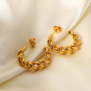 Gold Twisted Hoops Chunky Thick Gold Hoop Earring Gold Dome Hoop Spiral Hoop Earring On Trend Hoops Vintage Geometric Medium Hoop image 3