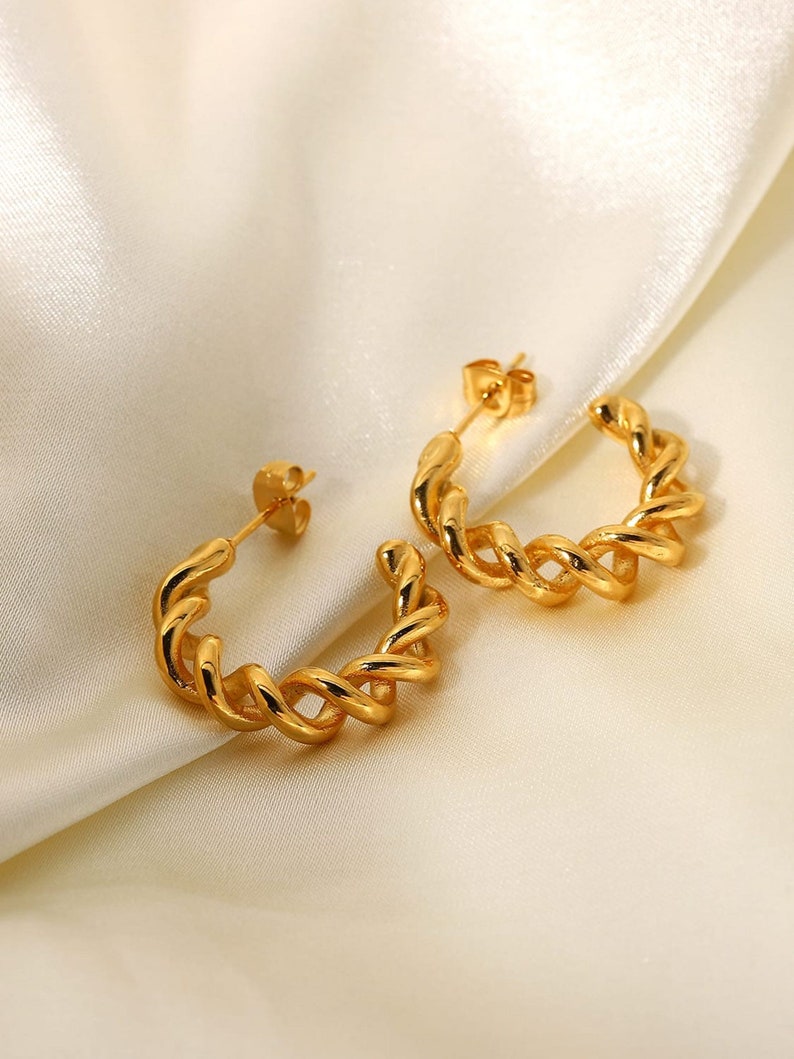 Gold Twisted Hoops Chunky Thick Gold Hoop Earring Gold Dome Hoop Spiral Hoop Earring On Trend Hoops Vintage Geometric Medium Hoop image 3