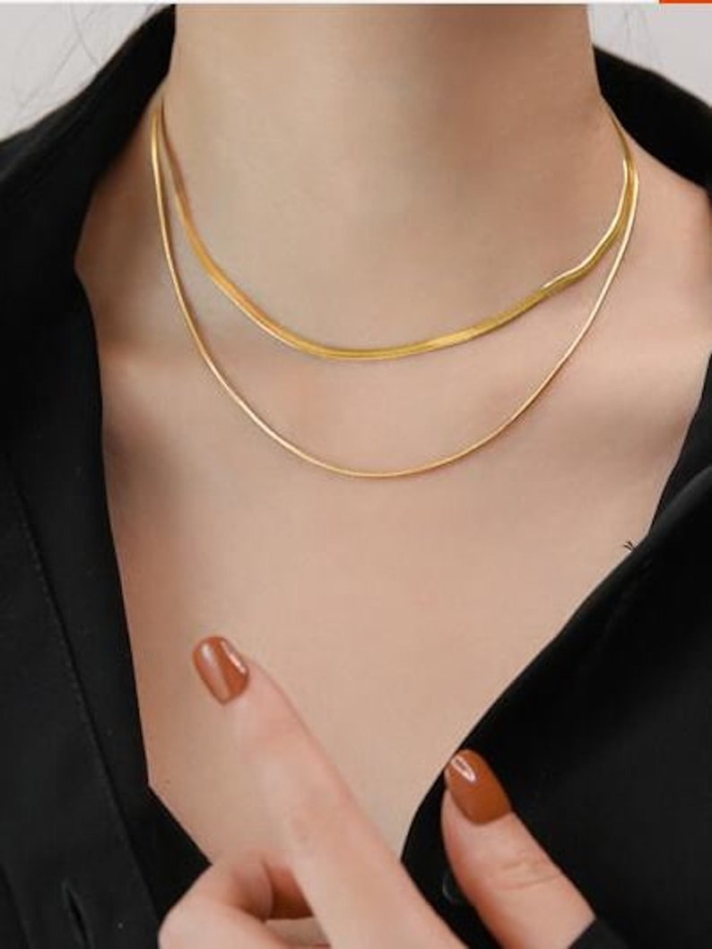 14K Gold Herringbone Necklace Short Snake Chain Necklace Flat Blade Chain Gold Double Chain Choker Herringbone Clavicle Necklace image 1