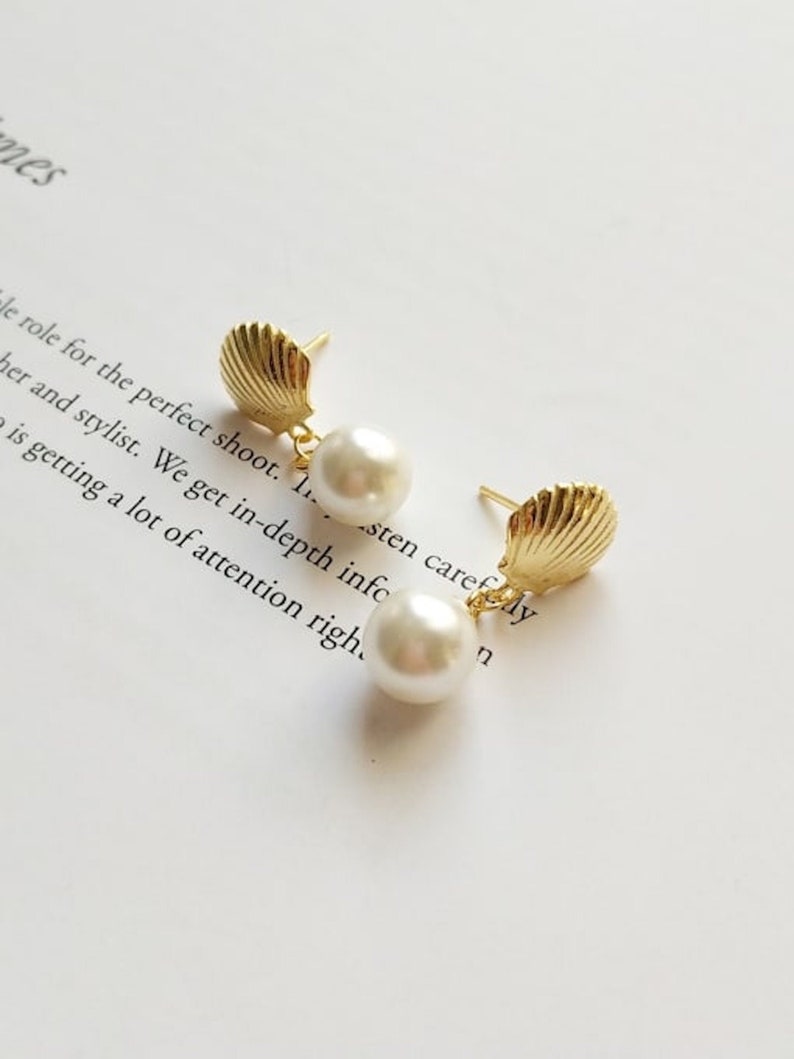 18K Gold Shell Pearl Mermaid Stud Earrings, White Pearl Earrings Jewelry, Gold Drop Pendant Earrings, Dainty Minimalist Boho Earring, EB64 image 3