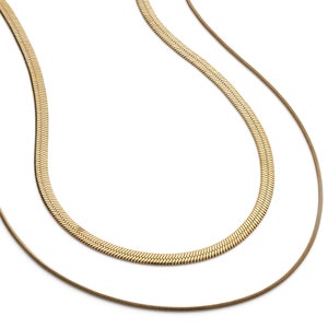 14K Gold Herringbone Necklace Short Snake Chain Necklace Flat Blade Chain Gold Double Chain Choker Herringbone Clavicle Necklace image 2