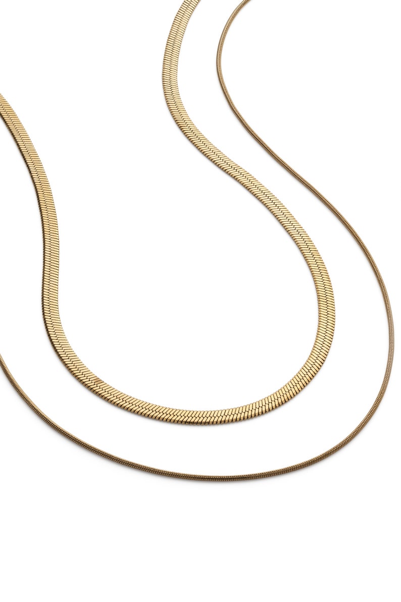 14K Gold Herringbone Necklace Short Snake Chain Necklace Flat Blade Chain Gold Double Chain Choker Herringbone Clavicle Necklace image 2