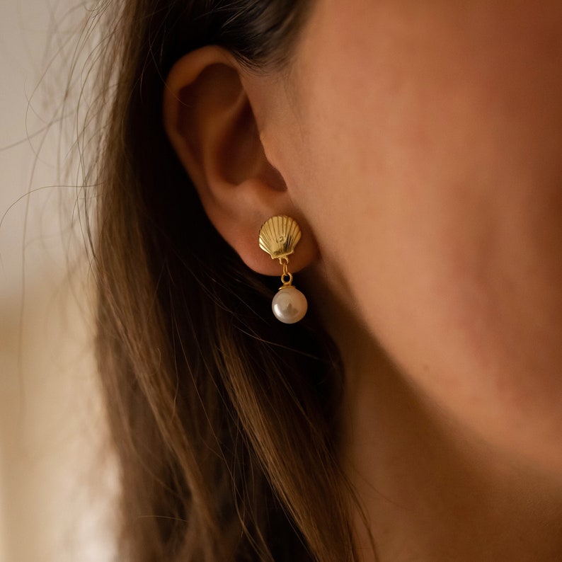 18K Gold Shell Pearl Mermaid Stud Earrings, White Pearl Earrings Jewelry, Gold Drop Pendant Earrings, Dainty Minimalist Boho Earring, EB64 image 1
