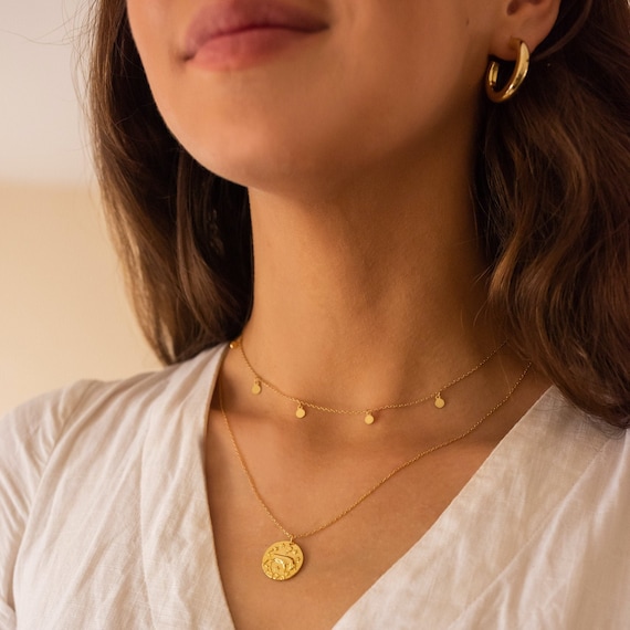 Gold Necklace for Women Dainty Gold Necklace Gold Layer Necklace Gold Disc Necklace  Gold Coin Boho Choker Minimal Bead Necklace 