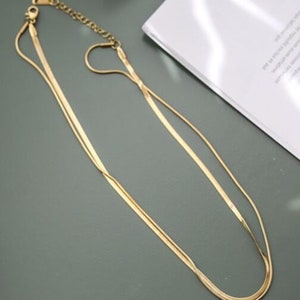 14K Gold Herringbone Necklace Short Snake Chain Necklace Flat Blade Chain Gold Double Chain Choker Herringbone Clavicle Necklace image 5