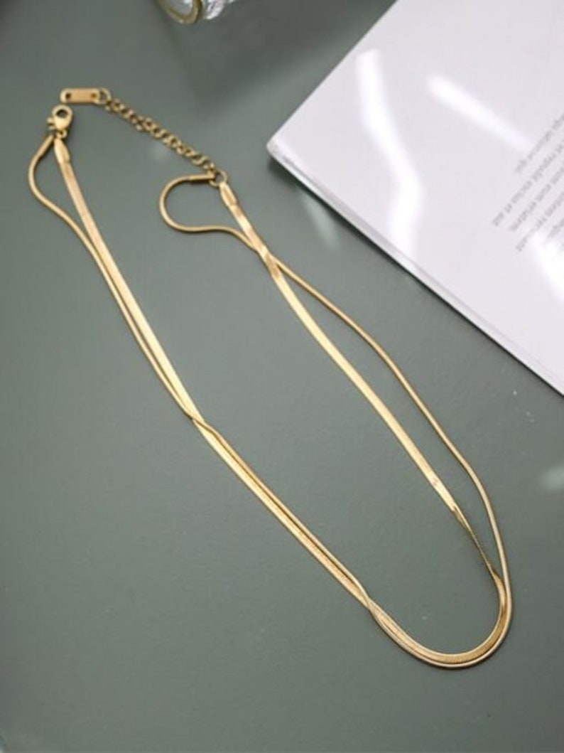 14K Gold Herringbone Necklace Short Snake Chain Necklace Flat Blade Chain Gold Double Chain Choker Herringbone Clavicle Necklace image 5