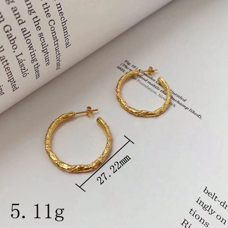 14K Gold Hoop Earring Solid Gold Earring Minimalist Dainty Hoop Mini Vintage Earring Small Gold Hoop Earring Medium Hammer Hoops 画像 8