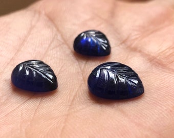 Natural Blue Sapphire Carved Leaf Cabochons, Jewelry Making (3 Piece Set)