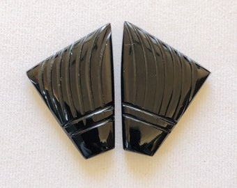 Carved Black Onyx Gemstone Pair, Fancy Earring Jewelry (27x23x4 mm)