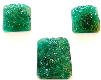 100% Natural Emerald Carving Cabochons, 26x22x11 to 20x19x8 mm Emerald Carved Cabochon, Emerald For Jewelry Making. Lot Of 3 Psc