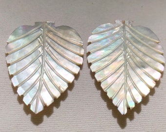 Amazing Natural Handcrafted Big Size Leaf Shell Pearl Rainbow Color Carving 38x30 mm, Shell Leaf Matched Pair Carved Pearl  Earring Making.