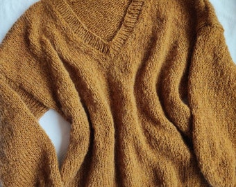 Sweater mohair wool mustard dark mustard shine shimmer oversize S, M-L hand-knitted handmade