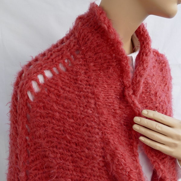 Poncho Boho Cardigan Cardigan hand knitted XL-XXL Oversized coral red fluffy Wool allergy sufferer soft