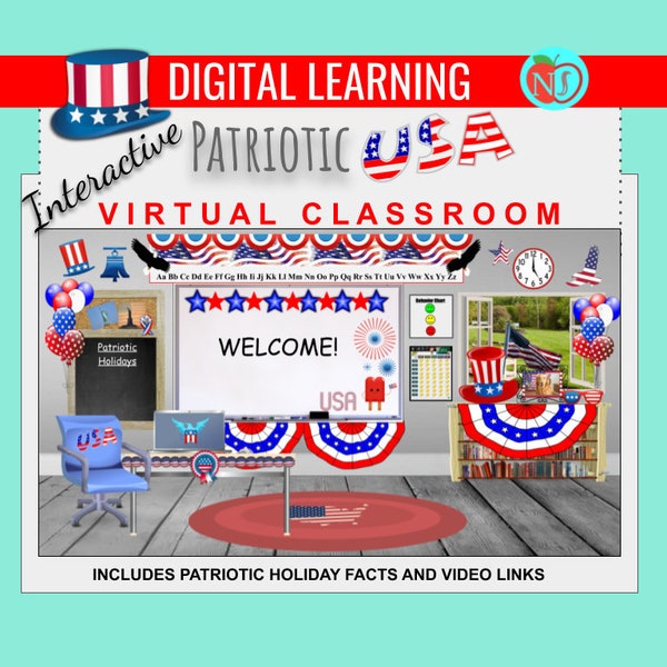 Bitmoji Classroom | Patriotic USA Theme | Online E-Learning | 10 Slides | Interactive FACTS Virtual Classroom