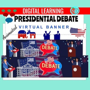 May include: Animated digital banner for a presidential debate. The banner features a blue and red background with stars and stripes, a white house, and two podiums with microphones. The text "DEBATE" is in a speech bubble.