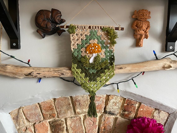 Crochet wall hanging, crochet decor, mushroom decor, moss art, goblincore, cottagecore, fairycore,