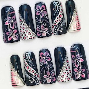 Pink Floral & Leopard Press On Nails, Duck Nails, Y2K Nails, N338