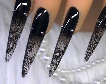 Lace nails, Black press on nails stiletto